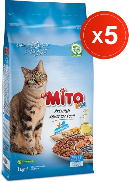 Mix Adult Cat 1 kg x 5 Adet Tavuklu ve Balıklı Renkli Taneli Kedi Maması