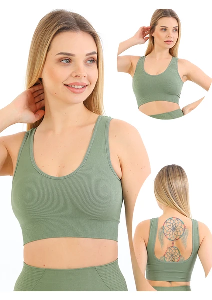 Secret Moda Ince Askılı Pedli Fitilli  Crop Büstiyer Yeşil