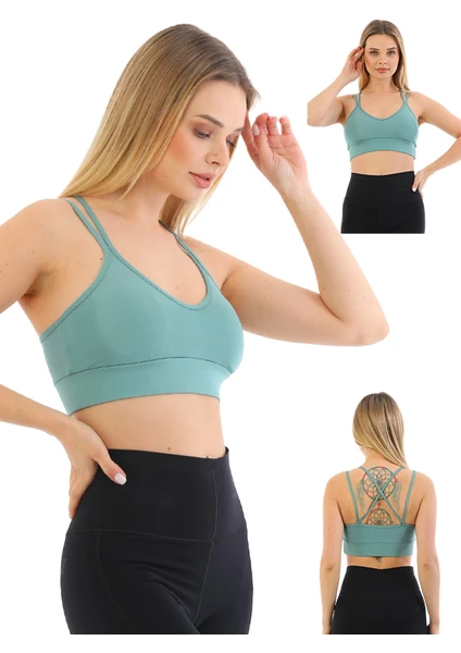 Secret Moda Sırt Kısmı Çapraz Geniş Kemerli Crop Büstiyer Yeşil