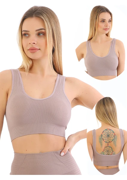 Secret Moda Ince Askılı Pedli Fitilli  Crop Büstiyer Krem