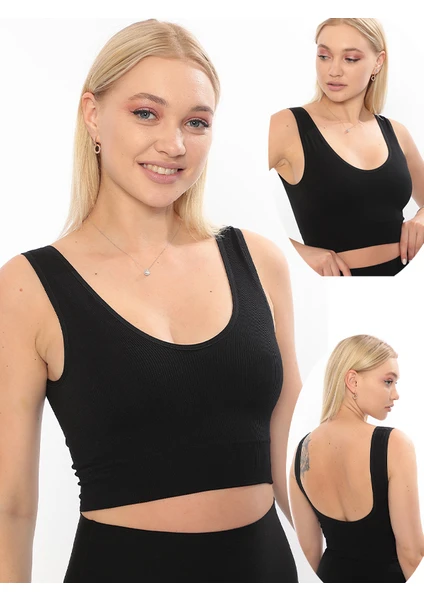 Secret Moda Ince Askılı Pedli Fitilli  Crop Büstiyer Siyah