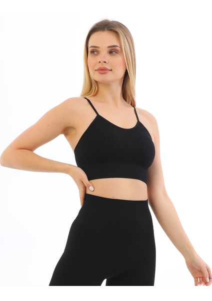 Secret Moda Ince Askılı Fitilli  Crop Büstiyer Siyah