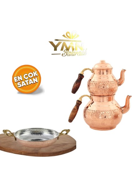 Aile Boyu Kızıl Bakır Çaydanlık Takımı , 20 cm Bakır Tava , Dövmeli Model Kahvaltıların, Molaların, Sohbetlerin Vazgeçilmezlerindendir. Demlenen Çayın Kalitesi