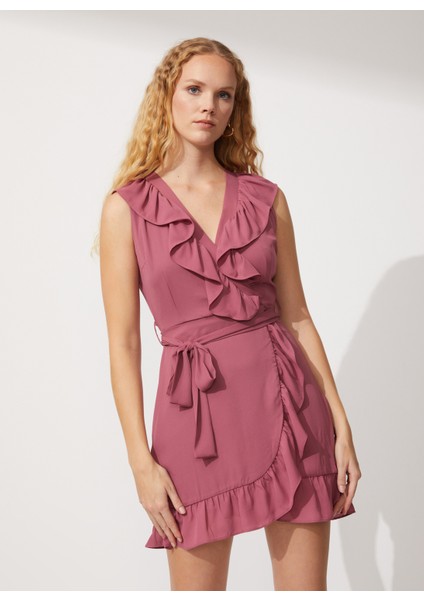 V Yaka Düz Gül Kurusu Mini Kadın Elbise Durban-Düz fiyatları