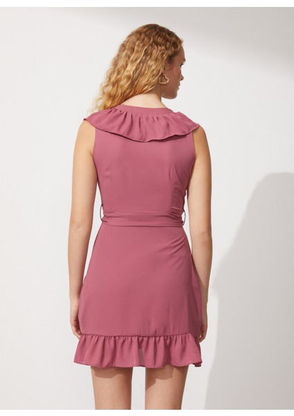 V Yaka Düz Gül Kurusu Mini Kadın Elbise Durban-Düz indirimleri