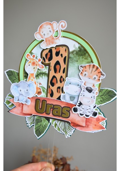 Cake Topper Safari Temalı - Kız/erkek Çocuk/bebek Doğum Günü - Kişiye Özel Çubuklu Pasta Süsü - Cake Topper