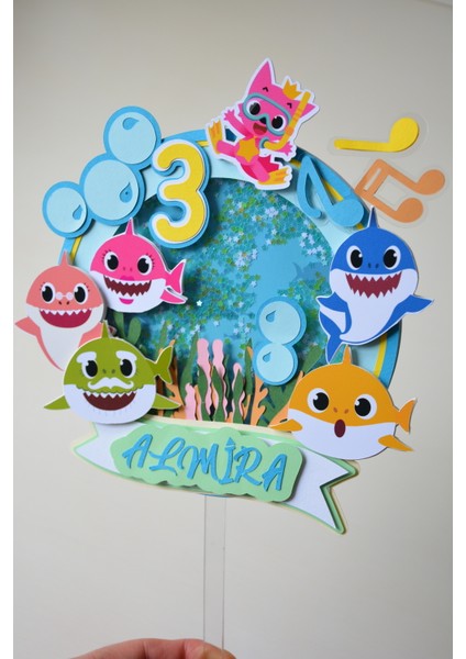 Baby Shark Temalı - Kız/erkek Çocuk/bebek Doğum Günü - Kişiye Özel Çubuklu Pasta Süsü - Cake Topper