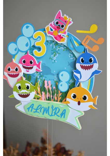 Baby Shark Temalı - Kız/erkek Çocuk/bebek Doğum Günü - Kişiye Özel Çubuklu Pasta Süsü - Cake Topper modelleri