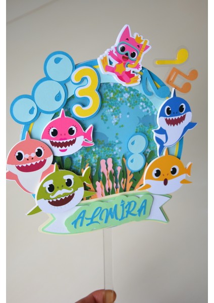 Baby Shark Temalı - Kız/erkek Çocuk/bebek Doğum Günü - Kişiye Özel Çubuklu Pasta Süsü - Cake Topper fırsatları