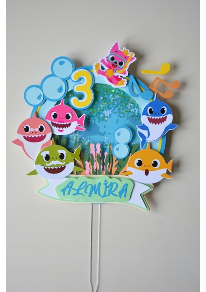 Baby Shark Temalı - Kız/erkek Çocuk/bebek Doğum Günü - Kişiye Özel Çubuklu Pasta Süsü - Cake Topper indirimleri