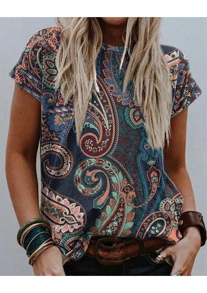 Kadın Kısa Kollu Bisiklet Yaka Sarmaşık Desen Krep Bluz (Renk Seçenekli) fiyatları