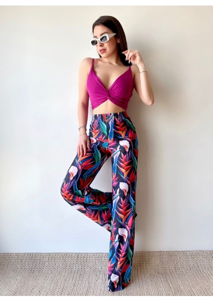 Kadın Mikro Kumaş Çapraz Büzgülü Crop Yüksek Bel Bol Paça Pantolon Takım