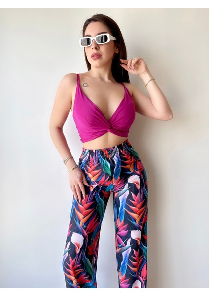 Kadın Mikro Kumaş Çapraz Büzgülü Crop Yüksek Bel Bol Paça Pantolon Takım modelleri