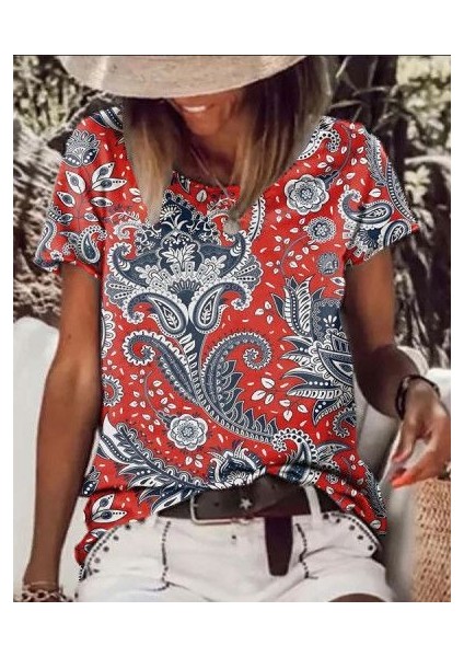 Kadın Kısa Kollu Bisiklet Yaka Sarmaşık Desen Krep Bluz (Renk Seçenekli) modelleri