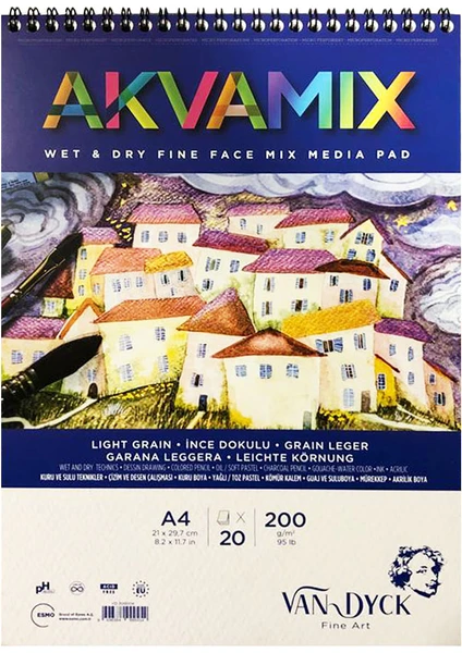 Van Dyck Akvamix Wet & Dry A4 Üstten Spiralli Microperforeli Çok Amaçlı Blok 200 Gr. 20 Yp.