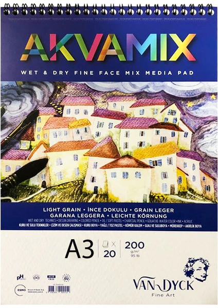 Van Dyck Akvamix Wet & Dry A3 Üstten Spiralli Microperforeli Çok Amaçlı Blok 200 Gr. 20 Yp.