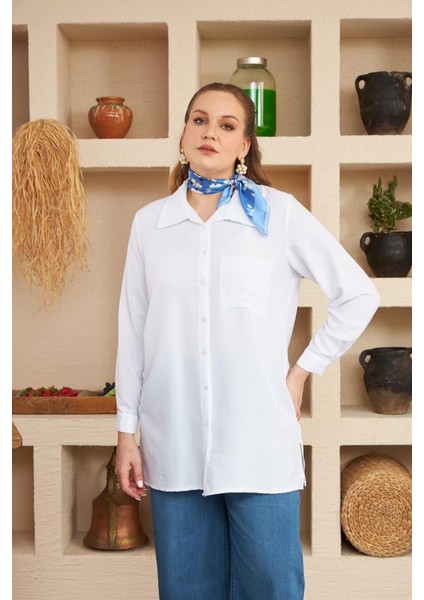 Yanları Yırtmaç Detaylı Büyük Beden Ekru Gömlek