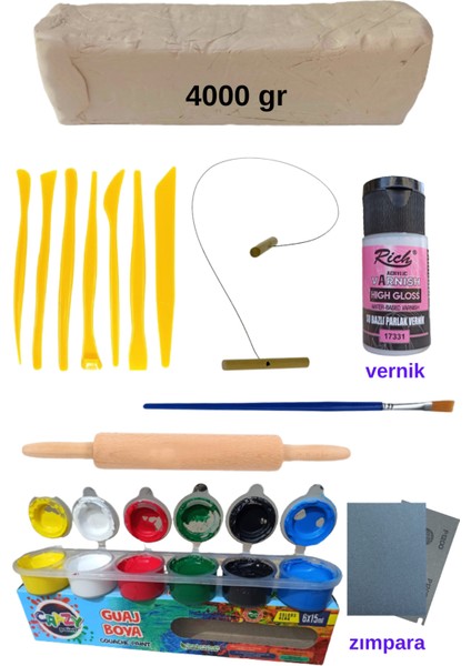 Seramik Hamuru 4000 Gr, 7li Plastik Ebeşuar (Modelaj Seti), Kesme Teli-Ipi, Guaj, Doğal Kil Çamuru