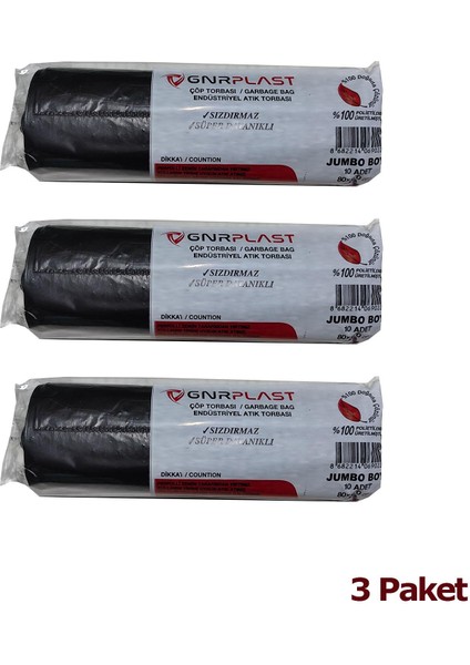 Endüstriyel Jumbo Çöp Torbası Poşeti 2 Kat Siyah 400 gr 80X110 cm 10 x 3 Rulo