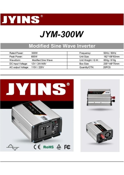 Jyıns 300W Watt 12V Volt Modifiye Sinus Inverter-Invertör JYN300MSİ