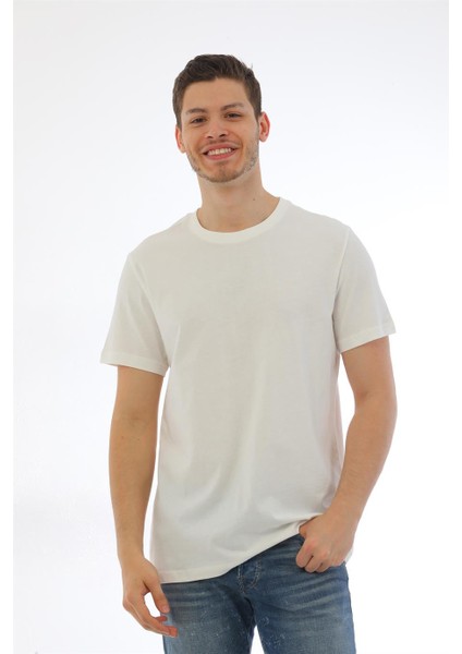Erkek Basic Regular Fit %100 Pamuk Bisiklet Yaka T-Shirt-Krem fiyatları