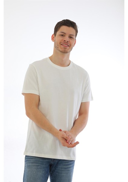 Erkek Basic Regular Fit %100 Pamuk Bisiklet Yaka T-Shirt-Krem modelleri