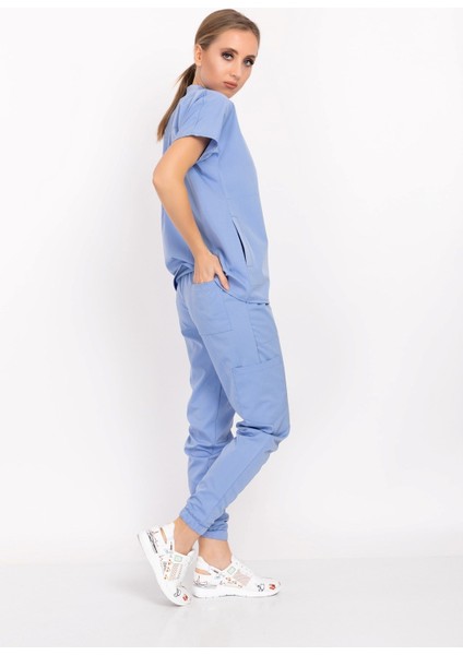 Bebe Mavisi Çağla Model Elit Likra Hakim Yaka Çıt Çıtlı Doktor Hemşire Üniforma Takım