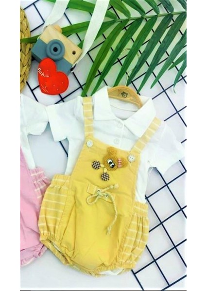 Kabartmalı Sevimli Fare Figürlü 2'li Bebek Salopet Tulum Takımı (Sarı)