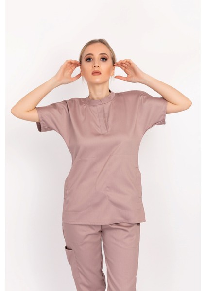 Pudra Renk Çağla Model Elit Likra Hakim Yaka Çıt Çıtlı Doktor Hemşire Üniforma Takım modelleri