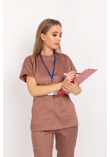 Sütlü Kahve Renk Çağla Model Elit Likra Hakim Yaka Çıt Çıtlı Doktor Hemşire Üniforma Takım fiyatları