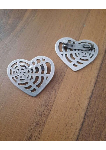Kalp Iğneli Broş 5 cm Antik Gümüş Kaplamalı