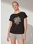 Bisiklet Yaka Baskılı Siyah Kadın T-Shirt Cm-Laner 4