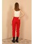 Kapitone Kumaş Paçası Lastikli Kadın Pantolon-Kırmızı 2