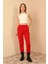 Kapitone Kumaş Paçası Lastikli Kadın Pantolon-Kırmızı 3