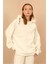 Petek Kumaş Uzun Kol Kapüşonlu Fermuar Detaylı Kadın Sweatshirt-Ekru 1