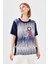 Kadın Sıfır Yaka Halka Desenli Penye T-Shirt Lacivert 2