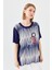 Kadın Sıfır Yaka Halka Desenli Penye T-Shirt Lacivert 5