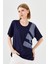 Kadın Sıfır Yaka Zincir Kumaşlı Penye T-Shirt Lacivert 5