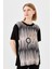 Kadın Sıfır Yaka Halka Desenli Penye T-Shirt Siyah 5