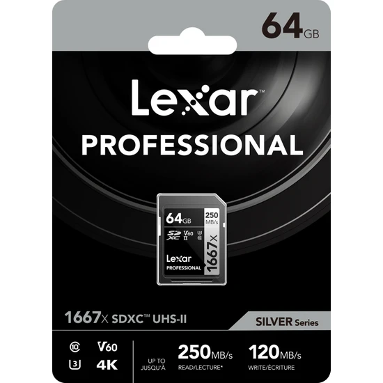 Lexar 64GB 1667X SDXC 4K V60 U3 C10 250MB/sn Hafiza Kart (Silver Series) LSD64GCB1667