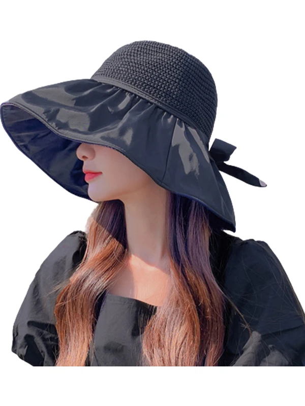 Fertiong Güneş Şapkası Büyük Pislik Katlanabilir Içi Boş Nefes Alabilen Disket Uv Koruma Bow Tie Dekor Kadınlar Güneş Kremi Yaz Şapka Plaj Kapağı Dış Mekan Için (Yurt Dışından)