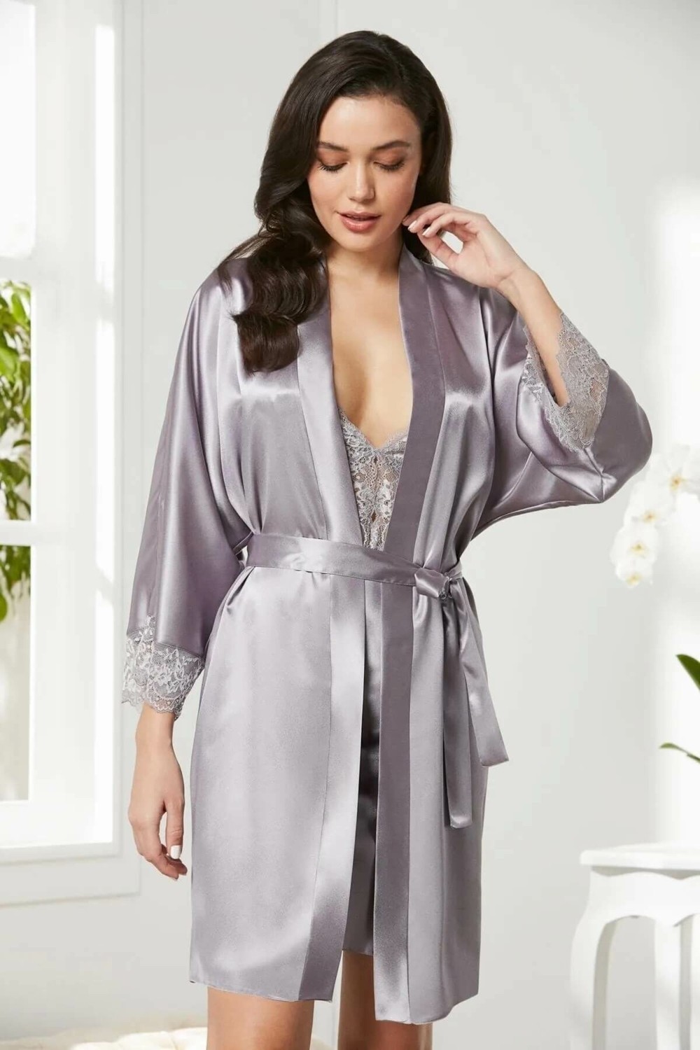 Pierre Cardin Saten Dantelli Gecelik Sabahlık Takım 4280 Royal görsel 3