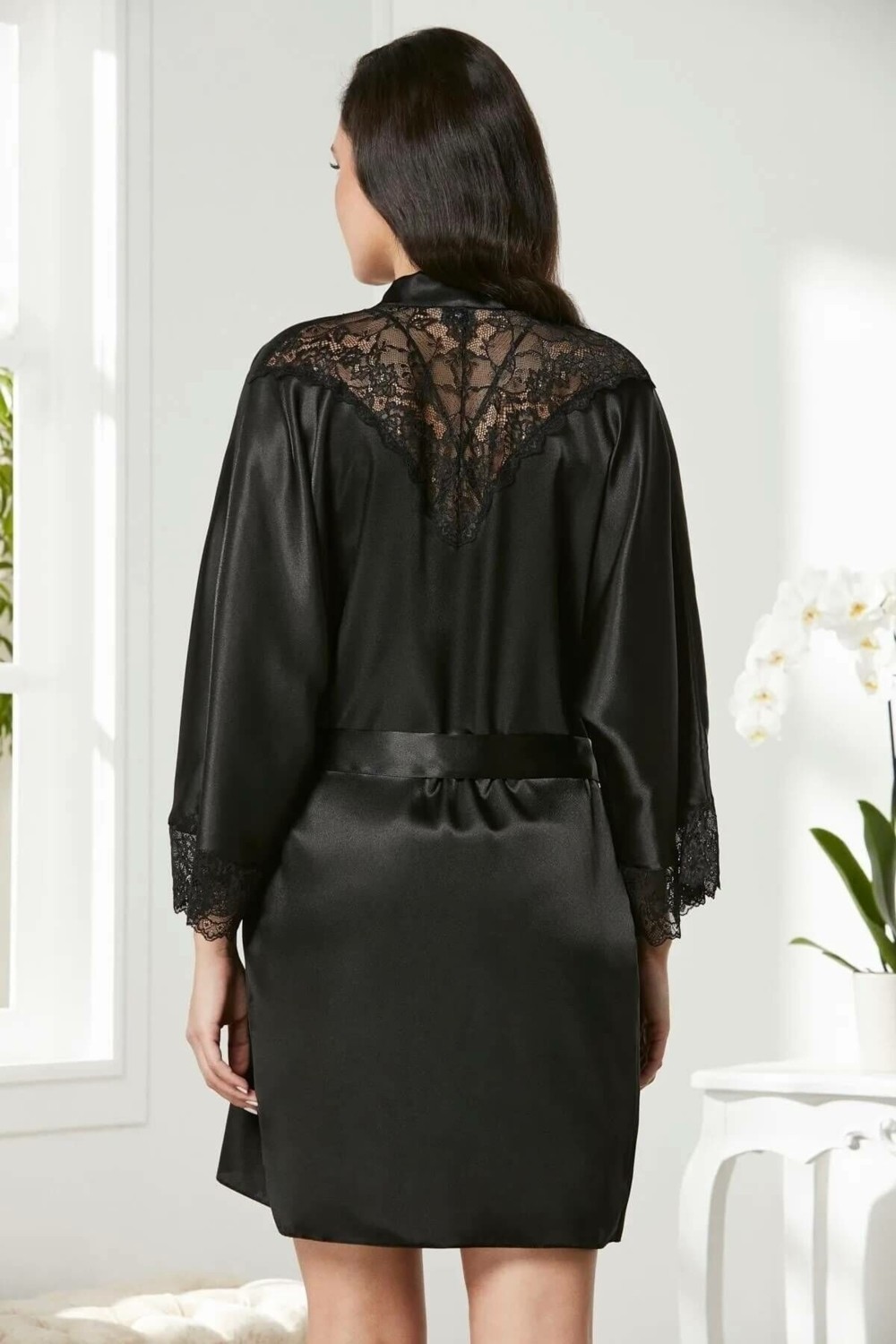 Pierre Cardin Saten Dantelli Gecelik Sabahlık Takım 4280 Siyah görsel 4