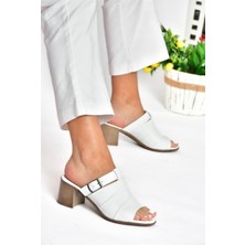 Fox Shoes P555450903 Beyaz Hakiki Deri Kalın Topuklu Günlük Kadın Terlik