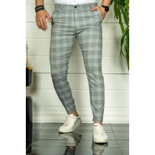 Modamesto Erkek Gri Slim Fit Ekoseli Kumaş Pantolon