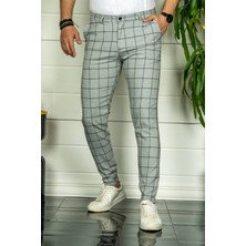 Modamesto Erkek Gri Slim Fit Ekoseli Kumaş Pantolon