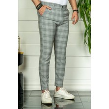 Modamesto Erkek Gri Slim Fit Ekoseli Kumaş Pantolon