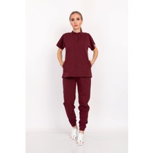 Nur Medikal Giyim Koyu Bordo Renk Çağla Model Elit Likra Hakim Yaka Çıt Çıtlı Doktor Hemşire Üniforma Takım