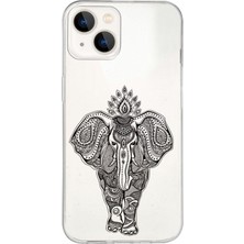 Printify Apple iPhone 13 Mini Uyumlu Kapak Mandala Fil (Siyah) Tasarımlı Şeffaf Silikon Kılıf