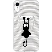 Printify Apple iPhone Xr Uyumlu Kapak Çizgi Kedi (Beyaz) Tasarımlı Şeffaf Silikon Kılıf
